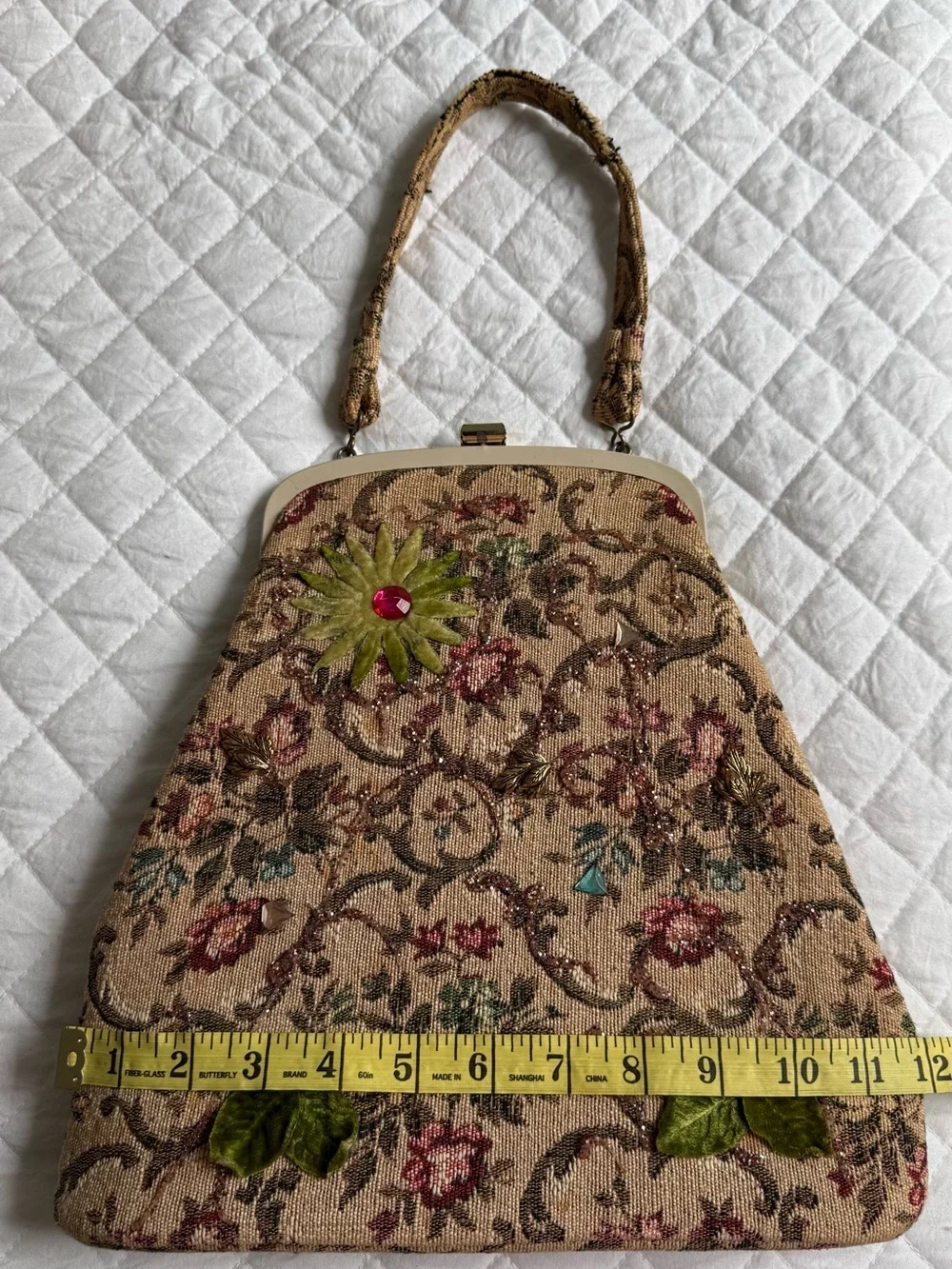 Floral Vintage 50s/60s Embroidered Beige Tapestry Handbag